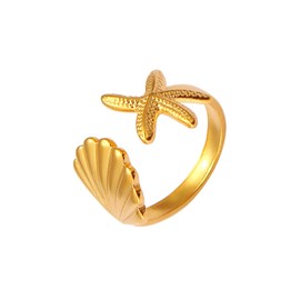 Shell Starfish Ring for Women Adjustable Boho Seashell Ring Gold Silver Statement Ring Summer Beach Ocean Jewelry Gifts (Gold)