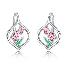 Tulip Earrings Sterling Silver Tulip Flower Leverback Earrings Pink Tulip Jewelry Gifts for Women