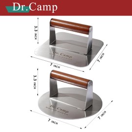 Dr.Camp 2 Pack Stainless Steel Burger Press with Real Wood Handle 7 Inch Smash Burger Press Bacon Press Grill Press Set for Griddle Flat Top Hamburger Smasher Meat Press