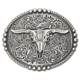 SANSTHS Western Belt Buckle for Men Women, Vintage Cowboy Cowgirl Texas Rodeo Longhorn Bull, Goat, Poker and Horse, Silver Bull, Regular