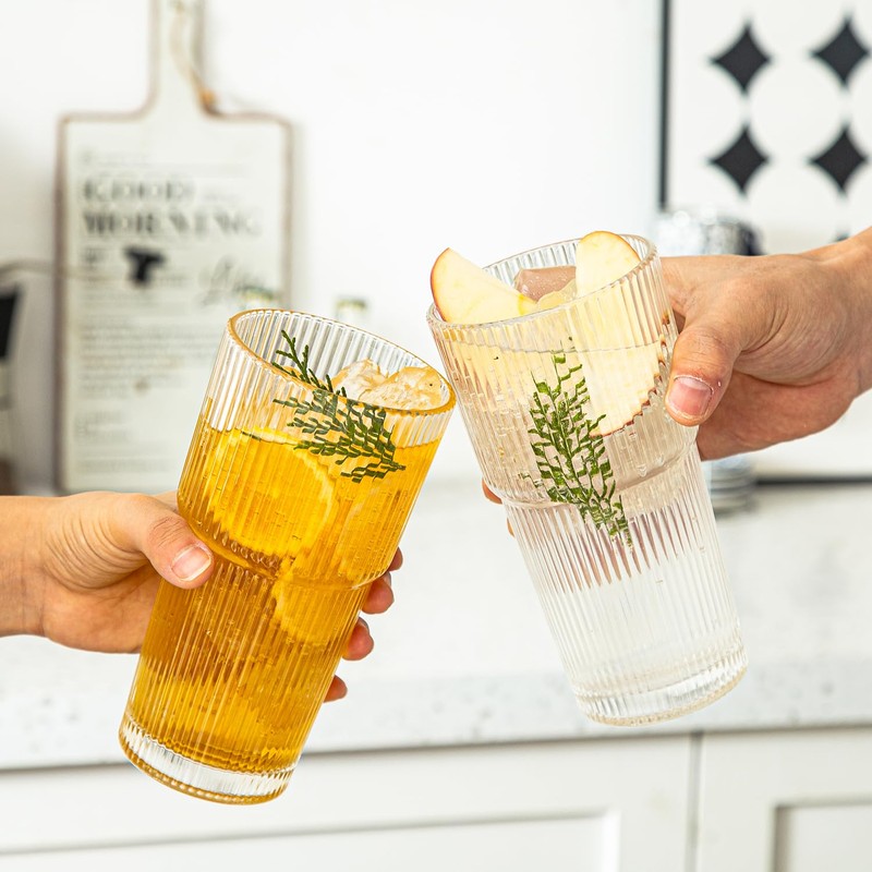 Sunidearly Ribbed Glass Tumbler Set of 4-20oz Textured Drinking Glasses