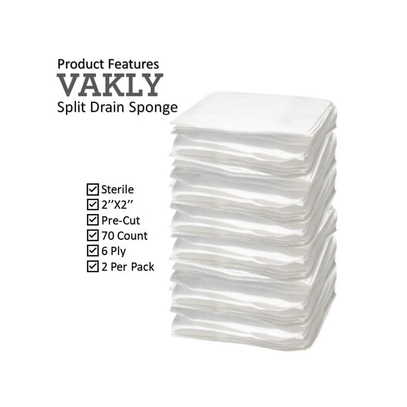 Vakly Split Drain Sponge Gauze 2x2 Sterile 6 Ply Pads
