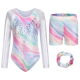 Happy Cherry Girls' Long-Sleeved / Sleeveless Children's Leotard with Shorts Shiny Gymnastics Clothing Set Ballet Jersey Dance Costumes 5-12 Years, Multicolor-1(Long Sleeve)