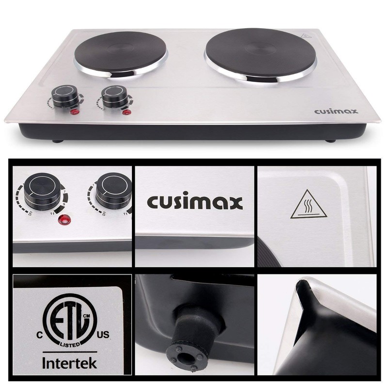 CUSIMAX 1800W Double Hot Plate, Stainless Steel Silver Countertop Burner