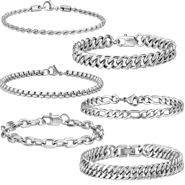 6Pcs Stainless Steel Men's Bracelet, Exquisite Silver Chain Bracelet for