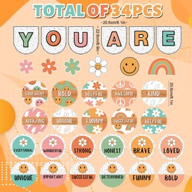 JarThenaAMCS Boho Affirmation Station Bulletin Board Set Retro Motivational Inspirational Paper Cutouts with Glue Points Positive Growth Mindset Decor for Back to School Students Classroom Home