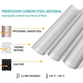 Hesanzol Baguette Pans for Baking 15" x 11", Carbon Steel 3 Loaf Nonstick Baguette Baking Tray for French & Italian Perforated French Bread Pan (2pack - Silver)