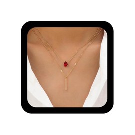 Andelaisi Boho Layered Faux Ruby Choker Necklace Vintage Bar Pendant Necklace Red CZ Waterdrop Chain Adjustable Vertical Bar Pendent Jewelry for Women