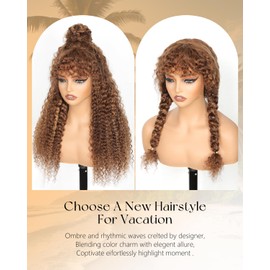 JuneMet Ombre Highlight Human Hair Wig with Bangs 2x4 HD Lace Front Closure Wear and Go Glueless Wigs with Bangs Curly Water Wave 4/27 Honey Blonde Brown Colored Human Hair for Black Women 16 Inch