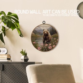 KTYHD Farmhouse Woodland Bear Round Wall Art, Rustic Forest Wildflowers Wild Animal Bear Canvas Wall Art, Farmhouse Mountain Nature Wall Decor for Home Bedroom Living Room