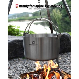 SUS304 3-Ply Stainless Steel Camping Pot, Outdoor Cooking Pot, Camping Stockpot, Hanging Stockpot, Campfire Pot with Handles, Great for Home & Outdoor Cooking 6.25 quarts (9.45inch D X 5.71inch H)