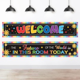 2Pcs Classroom Banner Decorations Back to School Banner Black Colorful Welcome Poster Positive Affirmations Sign for Teacher Kindergarten Elementary Primary School Bulletin Board Motivation Wall Decor