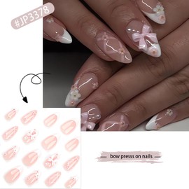 3D Press on Nails Medium Almond Pink Bow False Nails Fall Fake Nails with Floral Design White French Tip Nails Acrylic Glue on Nails Medium Length Nails Press ons 3D Flower Stick on Nails for Women