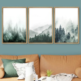 SIGNWIN Framed Canvas Print Wall Art Woodland Nursery Decor Set Misty Green Mountain Forest Valley Nature Wilderness Modern Art Rustic Landscape for Living Room, Bedroom, Office - 16"x24"x3 Natural