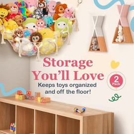 Stuffed Animal Storage Macrame Hammock w/String Lights - Large, 2 Pack - Boho Decor Toy Storage - Corner Hanging Plushie Stuffed Animal Net Organizer (Rainbow)