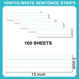 (Pack of 100) White Sentence Strips, White Sentence Strips Cardstock, 3” x 12”, Word Learning Strips Handwriting Practice Tools, Thick Ruled Word Writing Paper for Teacher Supplies, Classroom and Home