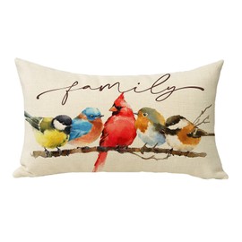Fjfz Family Birds Cardinal Lumbar Decorative Throw Pillow Cover 12 x 20, Rectangular Watercolor Red Bird Bluebird Robin Outdoor Home Decor, Goldfinch Chickadee Branch Couch Cushion Case