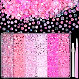 9000 Pcs Pink Colors Flatback Pearls and Rhinestones for Crafts, 3/4/5/6mm Jelly Resin Rhinestones, Mixed Size 3/4/6/8mm Half Pearl Bedazzling Gems for Nail DIY Crafts Mugs Tumblers Clothes Makeup