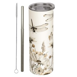 amepay Dragonfly and Wildflower Stainless Steel Insulated Tumbler with Lid - 20oz Vintage Botanical Travel Mug,Reusable Metal Straw & Brush,Double-Wall Vacuum Bottle Cup for Hot and Cold Drinks,Gifts