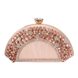 Rhinestone Clutch Evening Purses for Women Fan-shaped Crystal Diamond Wedding Handbag Crossbody Bag for dance Prom Party, Pink