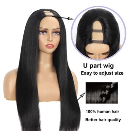 Fangool U Part Human Hair Wig 24 Inch Brazilian Wigs Human Hair U Part Wig Beginner Friendly 180% Density Straight Hair Wig V Part Wig Human Hair Natural Color