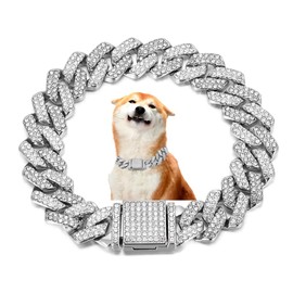 Chain Dog Collar, Cuban Link Chain For Dogs Jewelry Diamond Glitter Rhinestone Necklace Metal Choke 14mm Wide Pet For Puppy Small Medium Large Dogs Cats Silver (12inch)