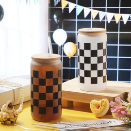 Honeydak 2 Sets Black Checkered Glass Cups Race Car Tumbler Gift Gingham Iced Coffee Cups with Lids and Straws 16 oz Reusable Drinking Glasses Plaid Water Bottle for Racing Party Christmas Birthday