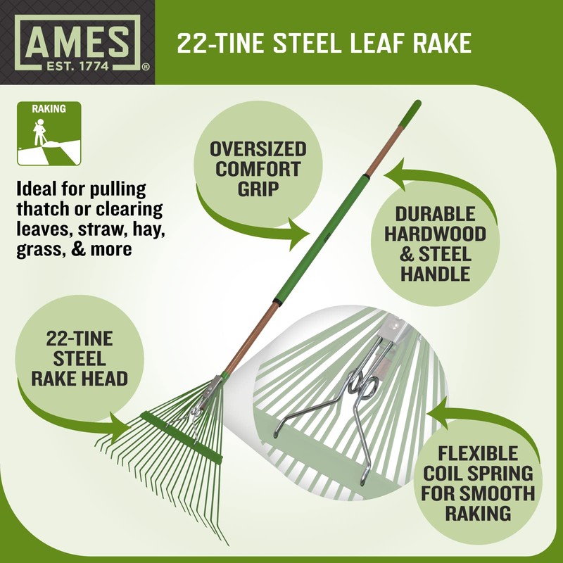 AMES 20201033 Steel Tine Leaf Rake with Hardwood/Steel Handle, 22