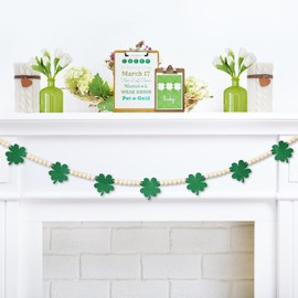 4.2 FT St. Patrick's Day Wooden Beads Garland with Clover Charms, Irish-Themed Shamrock Beaded Tiered Tray Decor, Rustic Farmhouse Banner for March Celebration, Shelf Display, Fireplace, Wall Decor