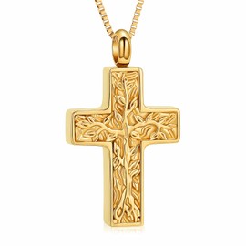 XSMZB Cross Urn Necklace for Ashes for Women Men Tree of Life Cross Cremation Jewelry Keepsake Pendant for Ashes of Loved One(Gold)