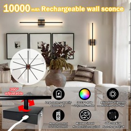 Battery Operated Wall Sconce Set of 2, Wireless Wall Light with Remote Control, 10000mAh Rechargeable Wall Sconce Up to 70 hrs of Lighting Time, RGB Dimmable Wall Lamp for Bedroom Hallway, 360°Rotate