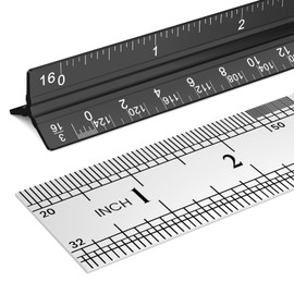 Architectural Scale Ruler 12 Inch: 2-Pack 12" Aluminum Triangle Ruler & Straight Metal Ruler, Precision Drafting Tools for Architecture and Engineering (Black)