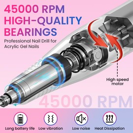 ESUOHYM 45000RPM Professional Cordless Portable Nail Drill Cordless Low Noise Nail Filer Electric Machine with Efile Bits & Base for Acrylic Nails, Nail Buffer Machine for Salon Home (Pink and Blue)