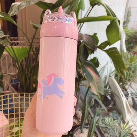 Unicorn Kid Water Bottle for School Thermos with Lid Sparkling Glitter Bottle Stainless Steel Cup Vacuum Bottle Girl Birthday Gift (B pink unicorn, 330ml)