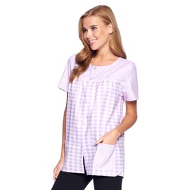 Casual Nights Women's Snap Front Smock Cobbler Woven Scrub Apron Top with Pockets - Purple Plaid - X-Large