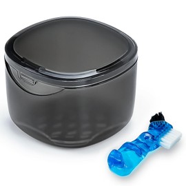 Denture Case Partial Denture Cups for Soaking Dentures, No-Leak Denture Soaking Container Retainer Cleaning Case with Brush for Household|Travel|Office - Transparent Black
