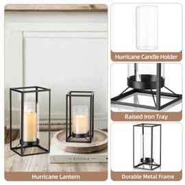 Staymoment Black Metal Lantern Decorative Set of 2 with Hurricane Glass：Indoor Modern Farmhouse Candle Holder Hanging Lanterns for Table Centerpiece Fireplace Mantles Shelf, 12" & 9" Iron Home Decor