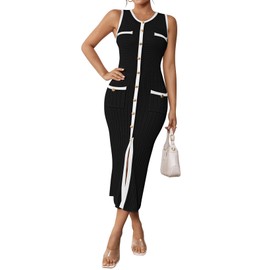 Pink Queen Women's 2025 Summer Dresses Sleeveless Slit Bodycon Midi Knitted Dresses Black S