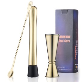 Gbuxska Gold Muddler for Cocktails, 10 Inches Bar Spoon, 1 oz 2 oz Double Jigger- Premium 3 Piece Gold Mixing Tools Set for Drinks