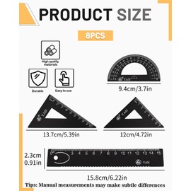 JUKOTA Set of 8 Metal Rulers 15 cm Aluminium Alloy Set Protractor Triangle Architects Mathematics Geometry Tool Scale for Students Teachers Architects Engineers (Black)