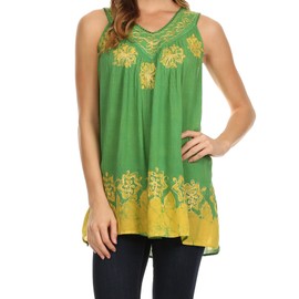 Sakkas 097 Batik Embroidered V-Neck Sleeveless Blouse - Green/Yellow/One Size