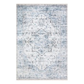 Bloom Rugs Caria Washable Non-Slip 8x10 Rug - Ivory/Blue/Gray Traditional Area Rug for Living Room, Bedroom, Dining Room, and Kitchen - Exact Size: 7'8" x 10'