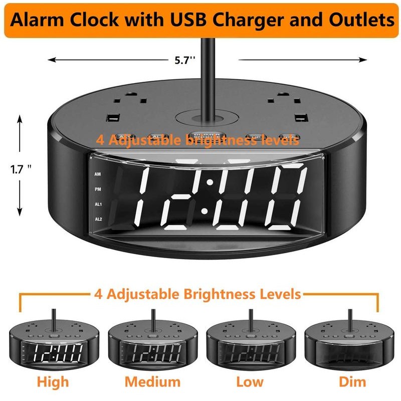 Alarm Clock Lamp with USB-A and USB-C Charger and Outlets