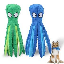 Dog Squeaky Toys Octopus, No Stuffing Plush Toys, Squeaky Octopus Dog Toy - Durable Plush for Puppies, Interactive Dogs Toys for Aggressive Chewers (Green+Blue)