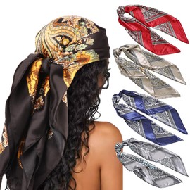 DRESHOW 90 x 90 cm Large Square Scarves for Women, Pack of 4, Silk Headscarf, Bandanas, Hair Scarf, Hair Accessories, Set of 4 83-03
