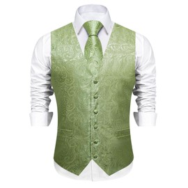 DiBanGu Mens Paisley Vest Tie Set with Lapel Pin Tie Clip 7PCS Silk Woven Necktie and V-Neck Suit Waistcoat for Tuxedo Party, Sage Green, Large