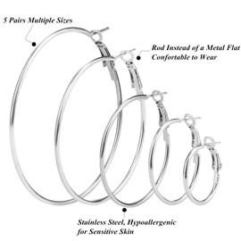 Elicola 5 Pairs Stainless Steel Hypoallergenic Shiny Large Hoop Earring Sets for Women Girl Silver