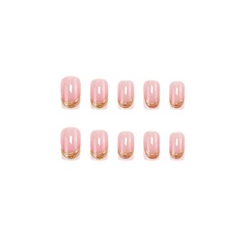 SINHOT Square Press on Nails Short - Gold Chrome Edge Fake Nails Glossy Glue on Nails White French Tip Acrylic Nails Almond Artificial Nails Stick on False Nails with Design 24pcs