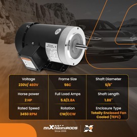 maXpeedingrods 2HP Electric Motor 3450 RPM Compressor Duty 3 Phase 5/8" Shaft 1.88" Length TEFC CW/CCW