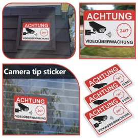 Be In Your Mind 20PCS Warning Video Surveillance Sticker 7.4 x 5.2cm Video Surveillance Sign Sticker for Glass Doors Indows Shutters, German Version